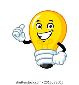 vector cartoon, character, and mascot of a light bulb with thumbs up hand.