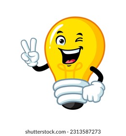 vector cartoon, character, and mascot of a light bulb with two finger.