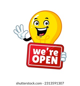 vector cartoon, character, and mascot of a light bulb holding open signboard.