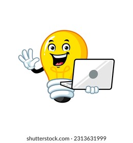 vector cartoon, character, and mascot of a light bulb holding laptop.