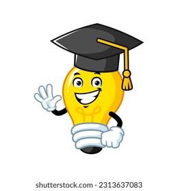 vector cartoon, character, and mascot of a light bulb wearing graduation hat.