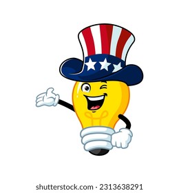 vector cartoon, character, and mascot of a light bulb wearing uncle sam hat.