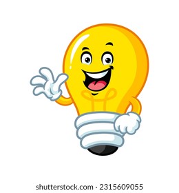 vector cartoon, character, and mascot of a light bulb with wave hand.