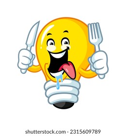 vector cartoon, character, and mascot of a light bulb holding knife and fork.