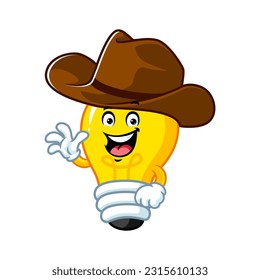 vector cartoon, character, and mascot of a light bulb wearing cowboy hat.