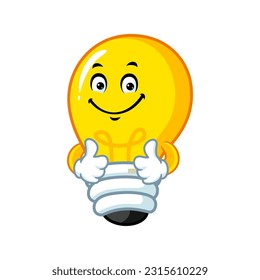 vector cartoon, character, and mascot of a light bulb with double thumbs up hand.