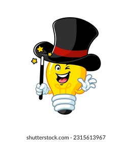 dibujos animados vectoriales, personajes y mascota de una bombilla de luz con traje de mago.
