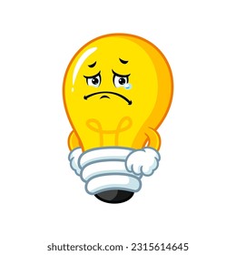 vector cartoon, character, and mascot of a light bulb with sad expression face.