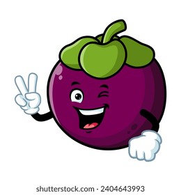 vector cartoon, character, and mascot of a mangosteen with two finger.