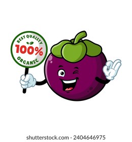 vector cartoon, character, and mascot of a mangosteen holding organic signboard.