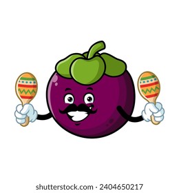 vector cartoon, character, and mascot of a mangosteen holding maracas.