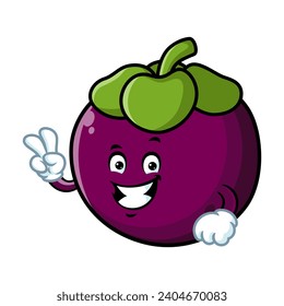 vector cartoon, character, and mascot of a mangosteen with two finger.