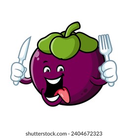 vector cartoon, character, and mascot of a mangosteen holding knife and fork.