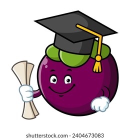 vector cartoon, character, and mascot of a mangosteen wearing graduation hat.