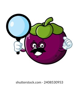 vector cartoon, character, and mascot of a mangosteen holding loupe.