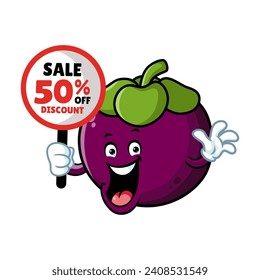 vector cartoon, character, and mascot of a mangosteen holding discount signboard.