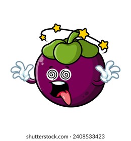 vector cartoon, character, and mascot of a mangosteen with dizzying expression face.