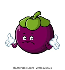 vector cartoon, character, and mascot of a mangosteen with i do not know expression face.