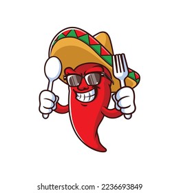 vector cartoon, character, and mascot of a mexican chili holding spoon and fork.