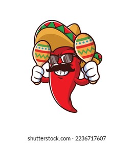 vector cartoon, character, and mascot of a mexican chili holding maracas.