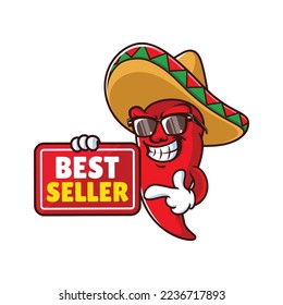 vector cartoon, character, and mascot of a mexican chili holding best seller signboard.