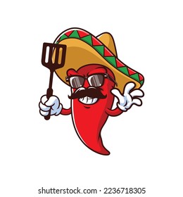 vector cartoon, character, and mascot of a mexican chili holding spatula.