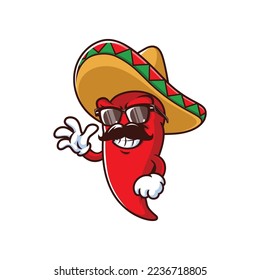 vector cartoon, character, and mascot of a mexican chili with wave hand and moustache.