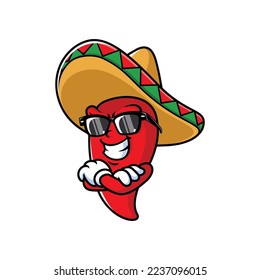 caricatura vectorial, personaje y mascota de un chili mexicano con las manos cruzadas.