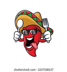 vector cartoon, character, and mascot of a mexican chili holding spoon and fork.