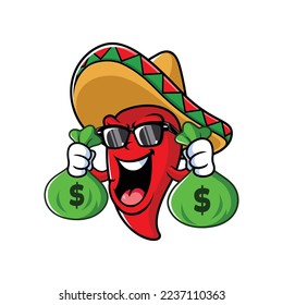 vector cartoon, character, and mascot of a mexican chili holding money bags.