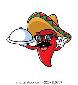 vector cartoon, character, and mascot of a mexican chili holding tray catering.