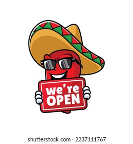 vector cartoon, character, and mascot of a mexican chili holding open signboard.