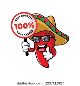 vector cartoon, character, and mascot of a mexican chili holding guaranteed signboard.