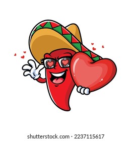 vector cartoon, character, and mascot of a mexican chili holding heart in love.