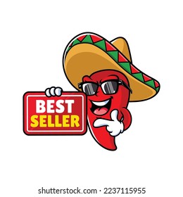 vector cartoon, character, and mascot of a mexican chili holding best seller signboard.