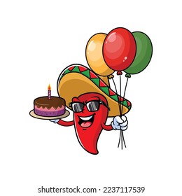 vector cartoon, character, and mascot of a mexican chili birthday party.