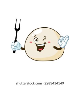 vector cartoon, character, and mascot of a mochi holding grilled fork.