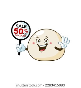 vector cartoon, character, and mascot of a mochi holding discount signboard.