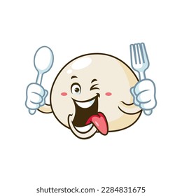 vector cartoon, character, and mascot of a mochi holding spoon and fork.