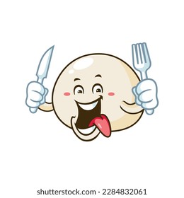 vector cartoon, character, and mascot of a mochi holding knife and fork.