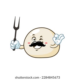 vector cartoon, character, and mascot of a mochi holding grilled fork.