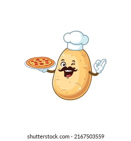 vector cartoon, character, and mascot of a moustache chef potato holding pizza.