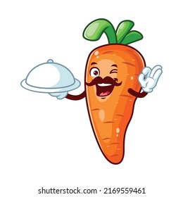 vector cartoon, character, and mascot of a moustache carrot holding tray catering.