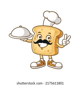 vector cartoon, character, and mascot of a moustache chef bread holding tray catering.