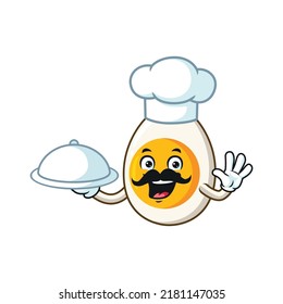 vector cartoon, character, and mascot of a moustache chef boiled egg holding tray catering.