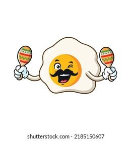 Vector Cartoon, Character, And Mascot Of A Moustache Fried Egg Holding Maracas.