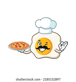 vector cartoon, character, and mascot of a moustache chef fried egg holding pizza.