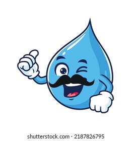 vector cartoon, character, and mascot of a moustache water drop with thumbs up hand.