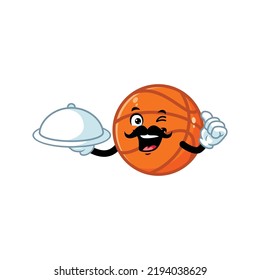 vector cartoon, character, and mascot of a moustache basketball holding tray catering.