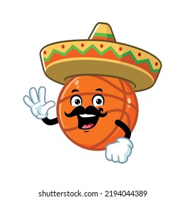 vector cartoon, character, and mascot of a moustache basketball wearing sombrero hat.